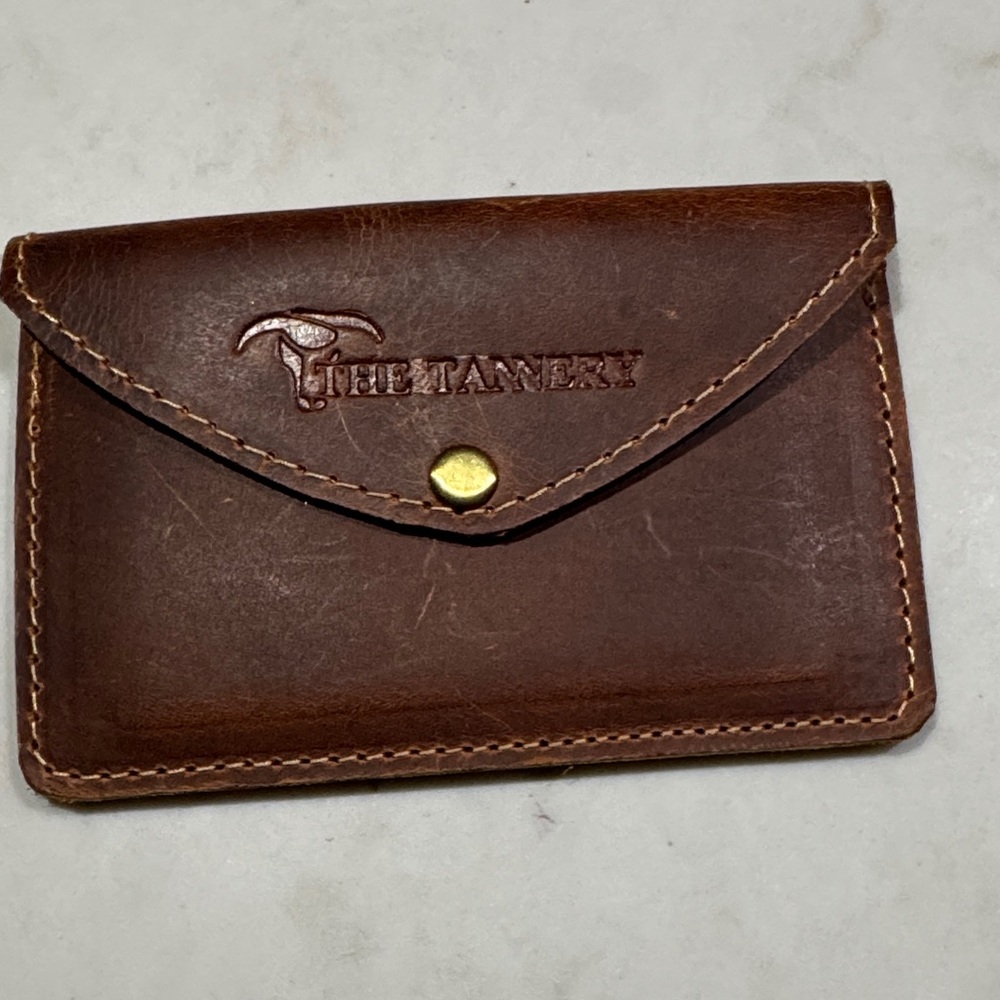 Vintage Brown Leather Card Holder with Snap Closure